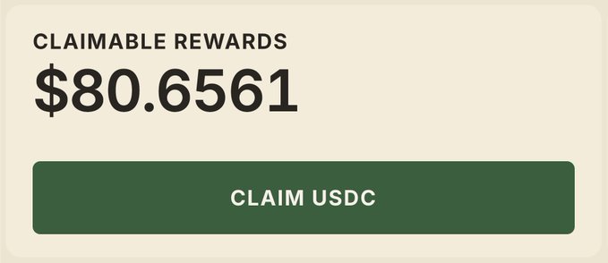 A cream-colored reward interface displays claimable rewards of "$80.6561" in USDC, reflecting the $80+ in earnings the user has accumulated to claim. The "CLAIM USDC" button illustrates the revenue distribution model the post praises as great early on but argues is inferior to buyback and burn for high-revenue protocols.
