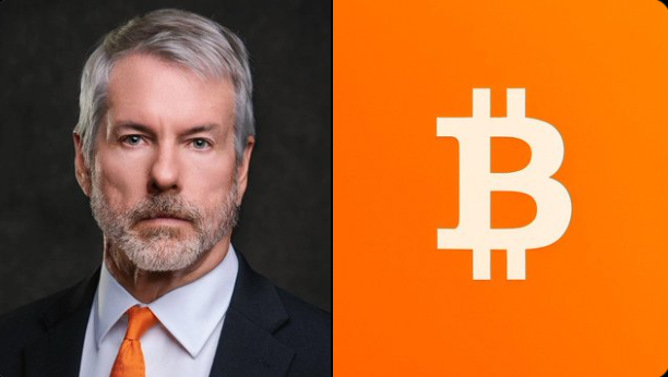 A man in a dark suit with an orange tie, identified in context as Michael Saylor, sits beside the orange Bitcoin logo. The visual pairing reinforces the post's argument about low Bitcoin transaction fees (~1 sat/vB) undercutting Saylor's congestion warnings.