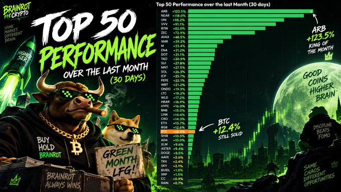 A promotional graphic titled 'BRAINROT IN CRYPTO' displays 'Top 50 Performance Over the Last Month (30 days)' with ARB highlighted as 'KING OF THE 12.3%' and BTC showing +12.4%, featuring a bull character smoking a cigar alongside a doge figure.
