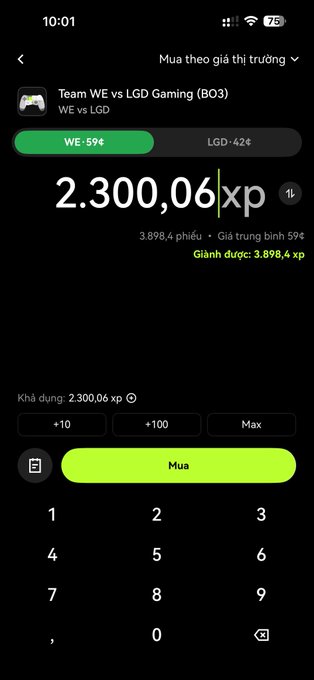 A Vietnamese sports betting app screenshot showing a match between Team WE vs LGD Gaming (BO3), with odds of WE -59¢ and LGD -42¢, and a keypad for entering a bet amount of 2,300,06 xp on the market price.