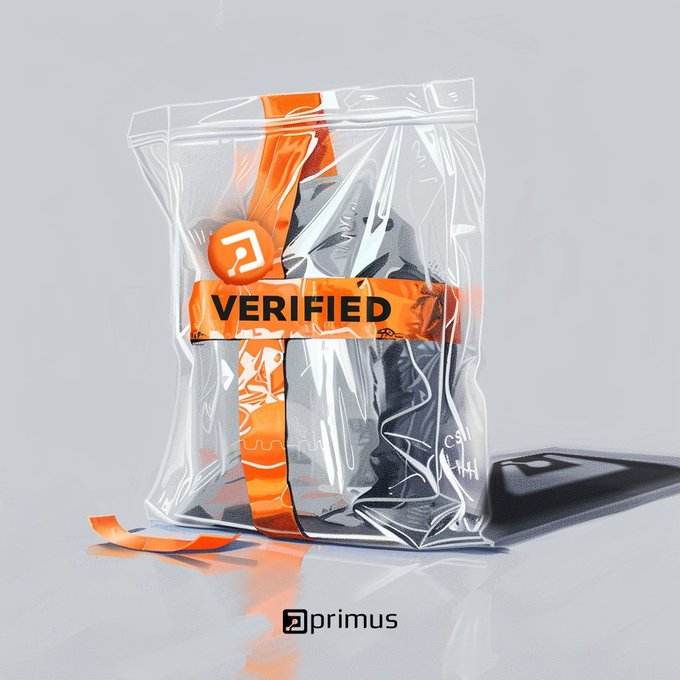 A 3D render of a transparent, sealed plastic bag containing a dark, indistinguishable object, secured with orange tape that reads 'VERIFIED' and bears an orange 'R' logo. The bag sits on a reflective surface with the 'primus' logo displayed at the bottom.