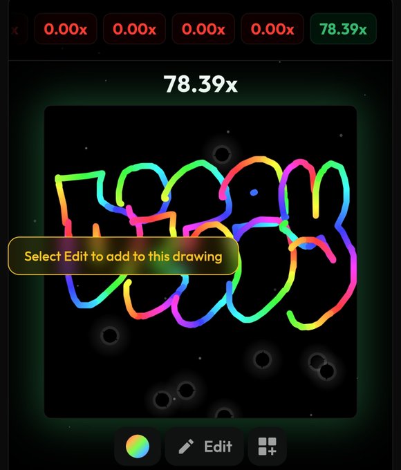 A digital drawing app displaying colorful, rainbow-stroked letters spelling 'ERROR' on a black background with a 78.39x multiplier at the top.