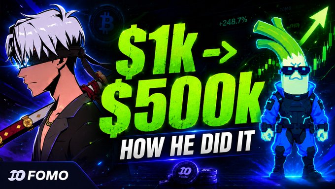 A YouTube thumbnail featuring anime-style characters with the bold green text "$1k -> $5000 HOW HE DID IT" and "FOMO" branding, set against a background showing a Bitcoin symbol and a +248.7% gain.