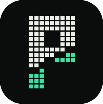 A pixelated logo featuring a stylized 'R' letter in gray and green squares on a black rounded square background.