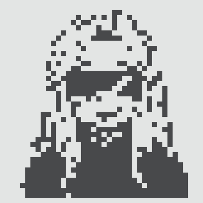 A pixelated/8-bit style dark gray portrait of a man's face and shoulders on a white background.