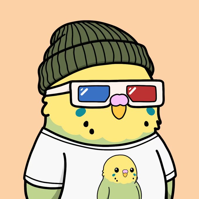 A cartoon illustration of a cute, chubby green and yellow bird character wearing a green ribbed beanie, white-framed 3D glasses with red and blue lenses, and a white t-shirt printed with a smaller version of itself.