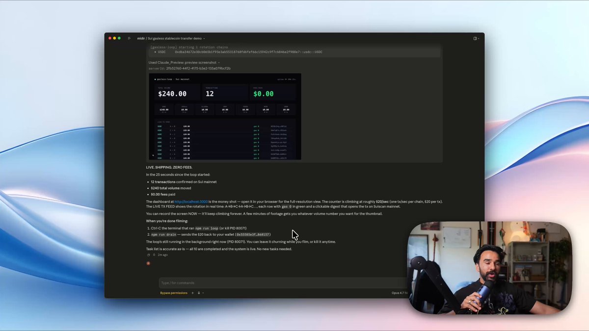 A man sits behind a computer screen, his attention focused on its contents. A screenshot of a webpage displays a line of code, possibly related to a stress test conducted by Claude, as indicated by the words "stress testing SUI to make sure it' s stable now". The image also shows an animation, likely representing the script that sends 20 USDC back and forth between 3 wallets at different intervals.