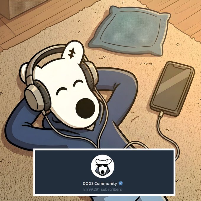 The image features a cartoon dog wearing headphones, laying down on a carpet with a cell phone nearby. A caption below the image reads "The dogs community made 829,921 subscribers over the past year", indicating that the post was created by the dogs community and has gained significant traction.