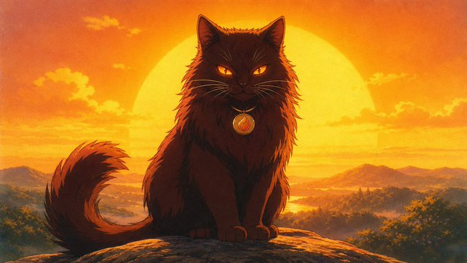 A stylized illustration of a black cat with glowing yellow eyes and a pendant sitting on a rock against a large orange sunset.