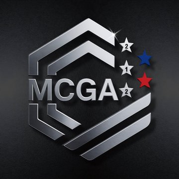 A silver metallic logo reading 'MCGA' with red, white, and blue stars arranged in a shield-like design on a dark background.