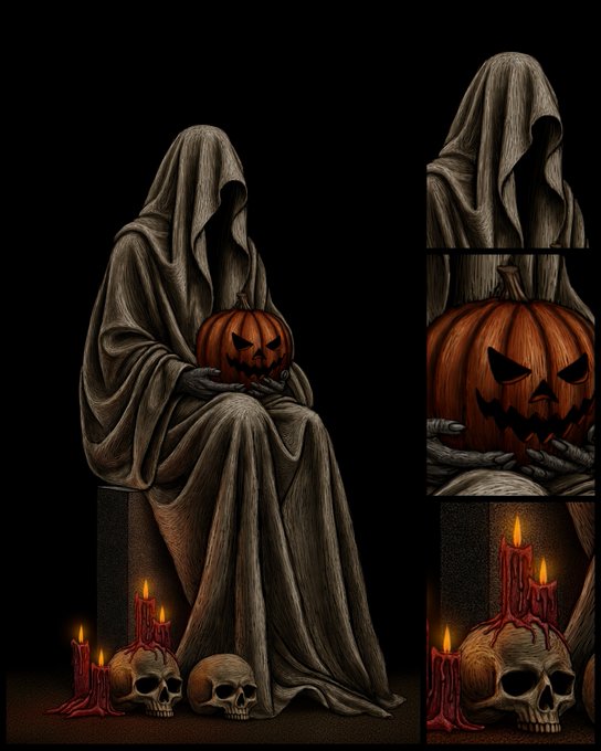 A Halloween-themed dark illustration of a hooded ghost-like figure sitting and holding a menacing carved jack-o'-lantern, with skulls and lit candles at its feet, shown in a full view and close-up panels.