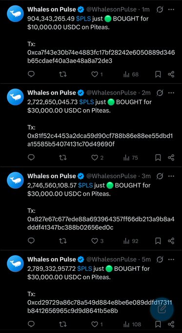 Twitter/X posts from 'Whales on Pulse' showing large SPLS token purchases on Piteas, with transaction hashes visible.