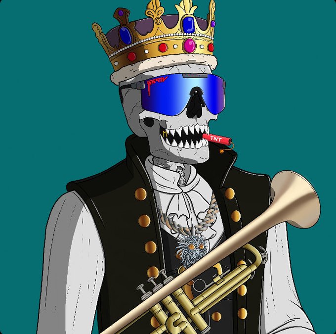 An illustration of a skeleton wearing a jeweled crown, blue sunglasses with blood dripping from the frame, a black vest with gold buttons, and holding a trumpet, with a 'TNT' stick of dynamite in its mouth.