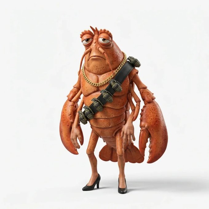 A 3D-rendered character that is a hybrid of a lobster and a human, wearing a gold chain, a bandolier with grenades, and black high heels.