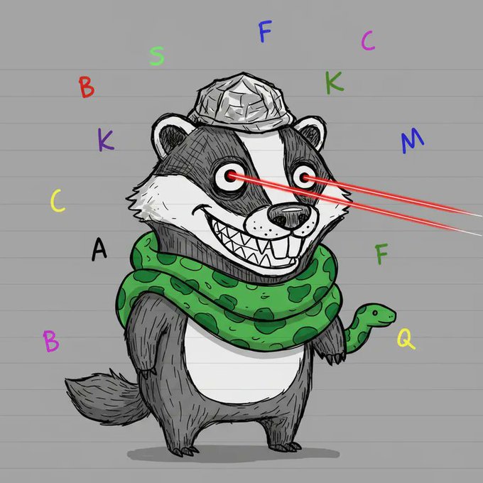 A hand-drawn illustration of a fierce, grinning badger wearing a tinfoil hat and a green snake scarf, surrounded by scattered colored letters and emitting red laser beams from its eyes.