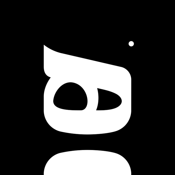 A minimalist white icon of a stylized face with sunglasses on a black background.