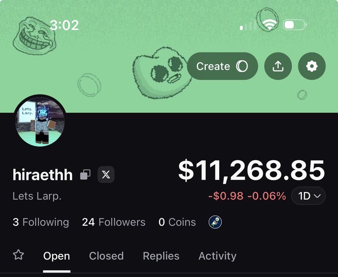 A mobile app profile screen for user 'hiraeth' with the bio 'Lets Larp.', showing a balance of $11,268.85, 3 Following, 24 Followers, and 0 Coins, with tabs for Open, Closed, Replies, and Activity.