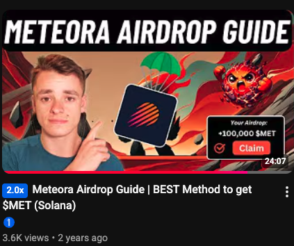 The image shows a YouTube thumbnail titled "METEORA AIRDROP GUIDE" featuring a young man pointing toward a "+100,000 $MET" Claim button, promoting a video about earning Meteora (MET) airdrop points on Solana. The post highlights this as the creator's first video about Meteora from June 2024, covering three methods to earn airdrop points before their 1 to 100 SOL series.