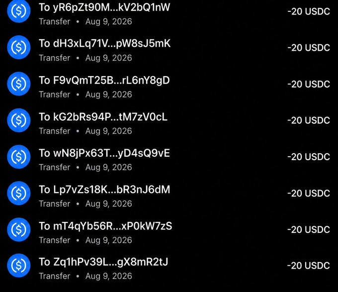 A cryptocurrency wallet transaction history showing eight separate -20 USDC transfers, each labeled "Transfer • Aug 9, 2026" sent to different recipient addresses. The image appears to serve as "proof" of payments for the giveaway scam described in the post, where users are asked to like, repost, and share wallet addresses to receive $50—though the transactions shown are only $20 each and originate from a single account distributing to multiple addresses, a common tactic used in crypto giveaway scams to create false legitimacy.