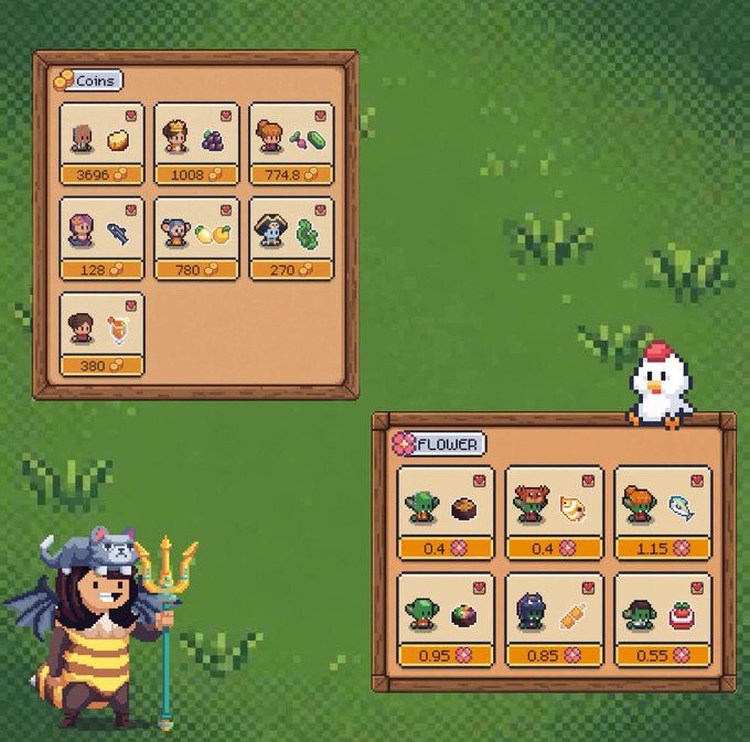 A pixel art game shop interface showing items priced in coins and flowers, with a character wearing a horned helmet holding a staff.