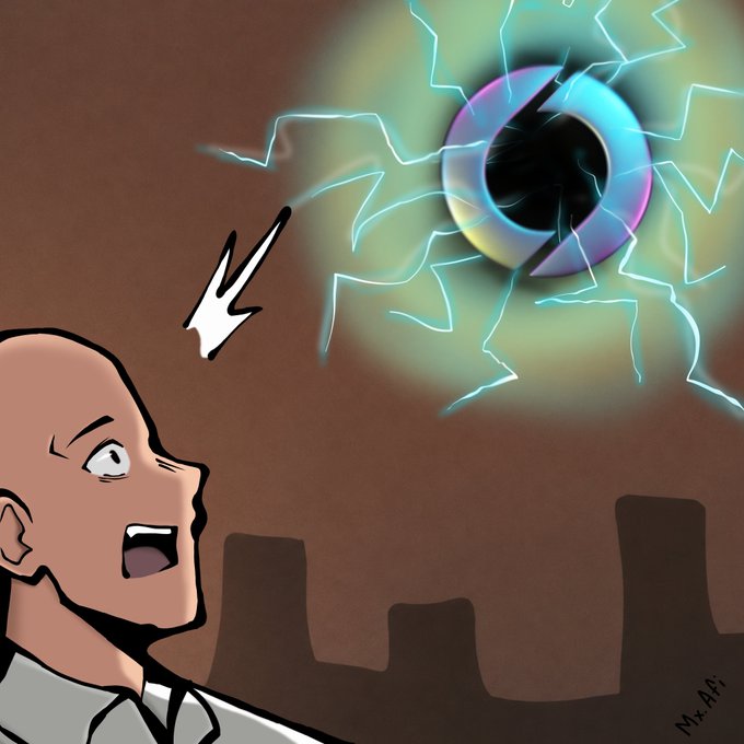 A digital illustration of a bald man looking up in shock at a glowing, electrified orb resembling an eyeball with a lightning bolt symbol.