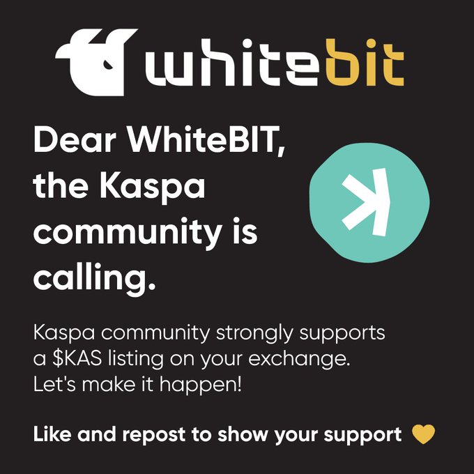 The image shows an advertisement for a cryptocurrency called "WhiteBIT" that has been listed on the KASPA (Kashpa) community listings platform. The post suggests that the community might be considering relisting the project, as there is ongoing interest in the project and it appears to have strong support from the community. The image also includes a heart icon, which could represent the idea of spreading positivity or love for the project.