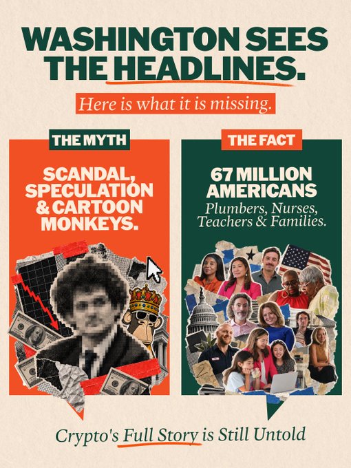 A political advocacy poster contrasts "The Myth" of crypto (featuring a cartoon monkey, dollar bills, and headlines about scandal) with "The Fact" (highlighting 67 million Americans—plumbers, nurses, teachers, and families) under the headlines "Washington Sees The Headlines. Here is what it is missing." and "Crypto's Full Story is Still Untold." The graphic aligns with the National Cryptocurrency Association's message that real, everyday Americans are using crypto applications and were prepared to meet with Senate offices before a recent vote, but were turned away, underscoring how policymakers are missing the human impact behind the headlines.