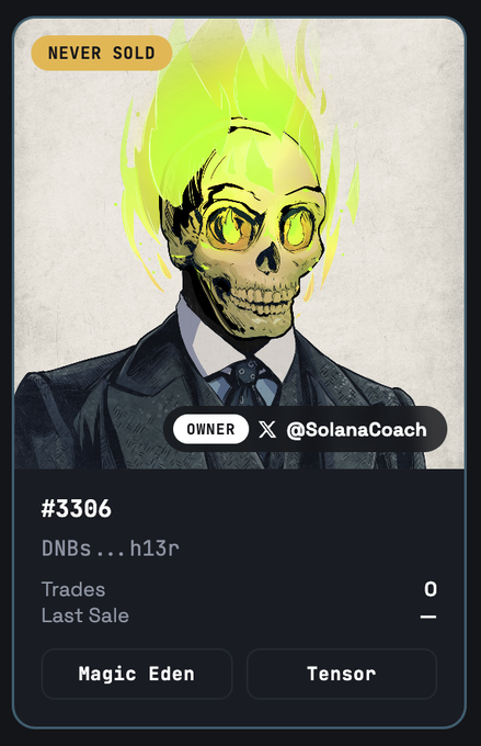An NFT trading card showing a flaming skeletal figure in a suit, marked 'NEVER SOLD', '#3306', owned by '@SolanaCoach', with options for Magic Eden and Tensor marketplaces.