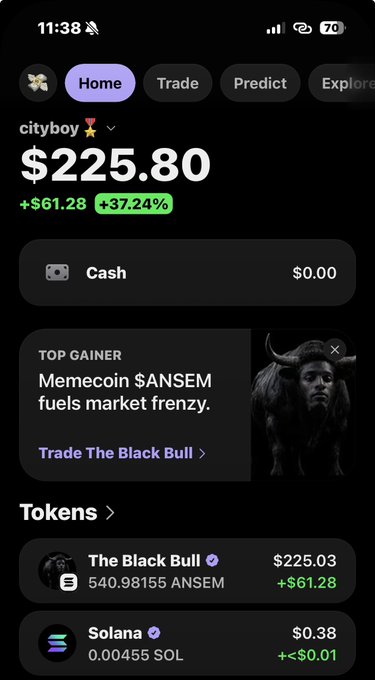 Mobile crypto app screenshot showing a portfolio value of $225.80 (+$61.28, +37.24%) with a 'TOP GAINER' featuring Memecoin $ANSEM ('Trade The Black Bull') and token holdings including The Black Bull ($225.03) and Solana ($0.38).