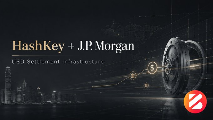 A promotional graphic for a HashKey and J.P. Morgan partnership on USD Settlement Infrastructure, featuring a vault, dollar symbols, and a dark cityscape background.