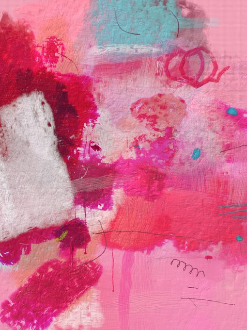 An abstract painting featuring vibrant splashes of pink, red, white, and turquoise with visible brushstrokes and thin black line accents on canvas.