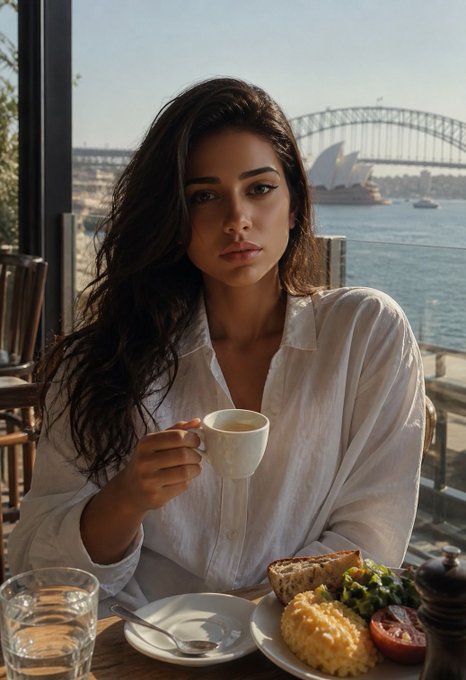 A woman with long dark hair in a white button-up shirt holds a small coffee cup at a cafe table, with the Sydney Opera House and Harbour Bridge visible in the background.