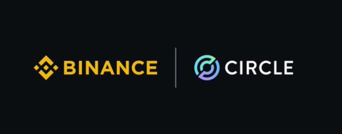A dark banner displaying the Binance logo (yellow) alongside the Circle logo (teal), separated by a vertical divider, indicating a partnership between the two companies.