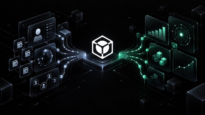 The image displays a stylized graphic featuring a central hexagonal "N" logo flanked by glowing data panels showing user profiles, wallet interfaces, charts, and network connections, visually representing NucleusCodes' data integration.

The illustration reinforces the post's point about NucleusCodes' dual leaderboard system—the left-side panels depicting identity, holdings, and activity feeds illustrate reputation built from wallet history, while the right-side charts and analytics symbolize ongoing contribution, together visualizing how the platform separates past reputation from present action.