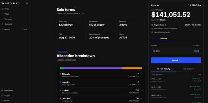 The image shows a Metaplex Launch Pool page for the HEEBOO token sale, displaying terms of a 2-day sale starting August 27, 2026, with 5% of supply at TGE and 20% of proceeds to the liquidity pool, with a current deposit cap of $141,051.52 raised. The accompanying post aligns with this, as the user is weighing whether to invest 4 or 5 figures into the HEEBOO public sale before its TGE on August 27.