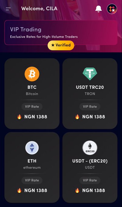 A VIP Trading mobile app interface welcoming 'CILA' with cryptocurrency exchange rates showing BTC, USDT TRC20, ETH, and USDT - ERC20 all priced at NGN 1388.