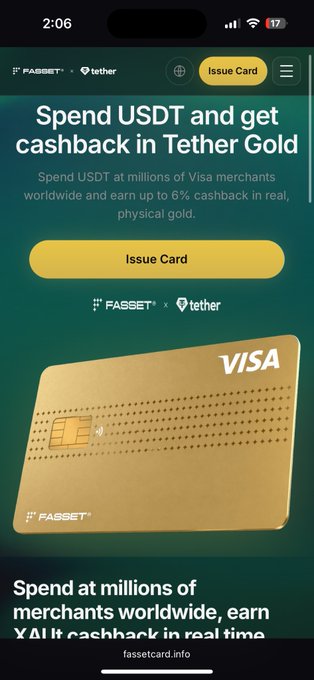 A mobile app screen promotes the Fasset x Tether Gold Visa card, offering up to 6% cashback for spending USDT, featuring a gold Visa card image.
