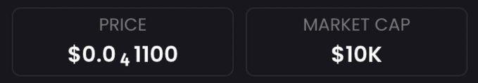 The image shows a memecoin dashboard displaying a price of $0.0₄1100 (approximately $0.0000011) and a market cap of $10K, illustrating the very early, low-cap stage of the token the poster is promoting to those who comment "ME."