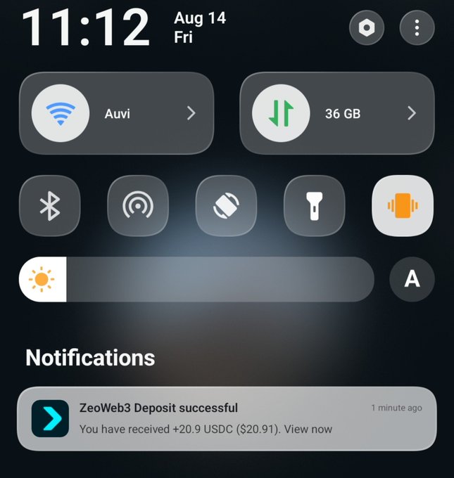 An Android phone notification panel showing the time 11:12 on Aug 14 Fri, with a notification that 'ZeoWeb3 Deposit successful - You have received +20.9 USDC ($20.91).'