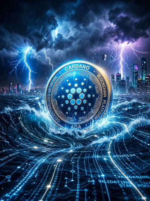 A glowing Cardano (ADA) coin floats above turbulent digital waves beneath a stormy sky, with city lights and blockchain data streams reading "CARDANO," "BLOCKCHAIN PLATFORM," "DECENTRALIZED NETWORK," "ADA," "BLOCK 89201124," and "VALIDATING STAKE POOL" encircling it—mirroring the post's theme of protocol design weathering real-world challenges to enable growth in regions with limited infrastructure.