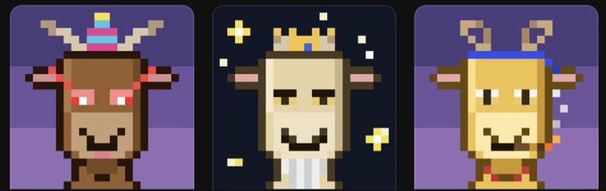 Three pixel art goat characters with different accessories including a party hat, a crown, and a halo, displayed against purple backgrounds.