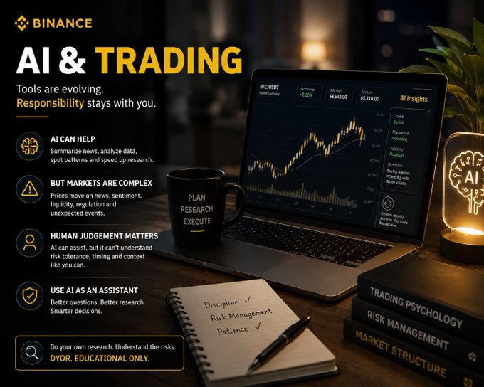 Binance promotional graphic titled "AI & Trading" emphasizing responsible AI use, featuring a laptop displaying BTC/USDT charts alongside books on Trading Psychology and Risk Management.