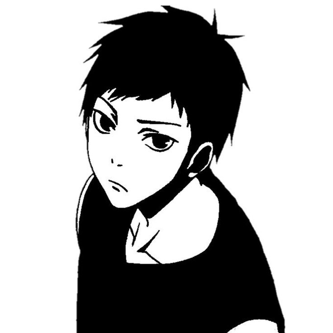 A black and white anime-style portrait of a young man with dark hair looking over his shoulder with a serious expression.