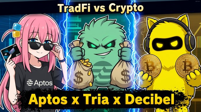 The image is a promotional graphic titled "TradFi vs Crypto" featuring three cartoon characters: a pink-haired girl in an Aptos shirt holding credit cards, a green monster clutching bags of money, and a yellow cat with headphones holding Bitcoin coins. The bold yellow banner at the bottom reads "Aptos x Tria x Decibel," visually tying the three sponsor brands mentioned in the post to advertise the $25,000 USDC trading competition.