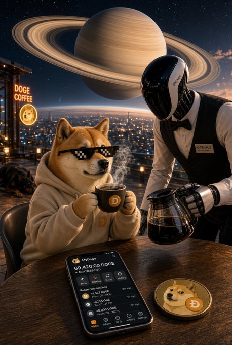 A digital illustration of a Shiba Inu dog wearing pixel sunglasses and a hoodie drinking coffee, served by a futuristic robot waiter, with a phone displaying a Dogecoin (DOGE) wallet showing 69,420.00 DOGE and a 'DOGE COFFEE' sign, set against a backdrop of Saturn.