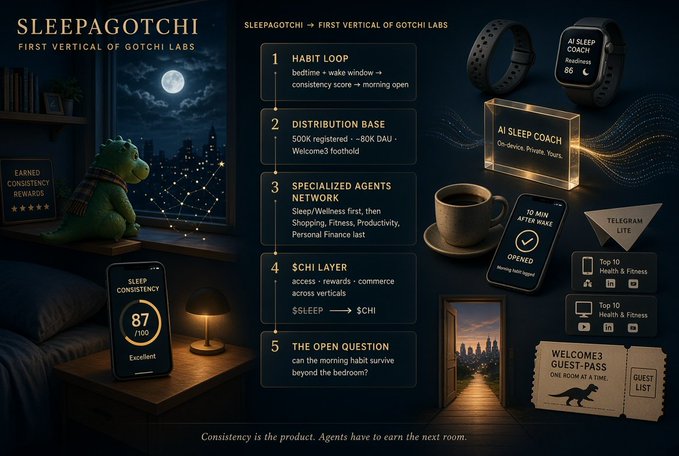 A promotional infographic for 'SLEEPAGOTCHI — FIRST VERTICAL OF GOTCHI LABS,' detailing a 5-step system: Habit Loop, Distribution Base (500K registered, ~80K DAU), Specialized Agents Network, $CHI Layer, and The Open Question.