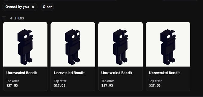 The image shows an NFT collection interface displaying 4 "Unrevealed Bandit" items owned by the user, each with a top offer of $27.53. This relates to the post celebrating a 3x profit from minting Bandits NFTs, with the floor price (FP) rising from $9 to $30, showcasing the user's held assets that have appreciated in value.