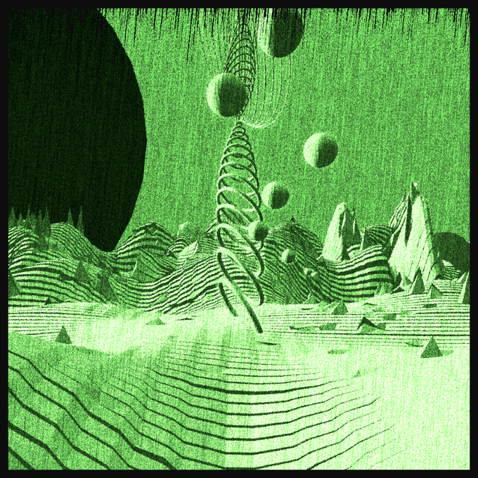 The image features a futuristic landscape with a spiral-like structure, possibly representing a planet or a space station, surrounded by floating spheres of varying sizes. The scene appears to be set in outer space, as indicated by the green color scheme. The image also contains text that reads "Technosignatures has been out in the world for more than a year now It'S an Ordinals (BTC) collaboration project that can be influenced by rare SATS More infos at technosignatures.xyz". This suggests that the image is related to a space-themed project or artwork, possibly showcasing the artist's interpretation of the concept of Technosignatures and its potential influence on the world.