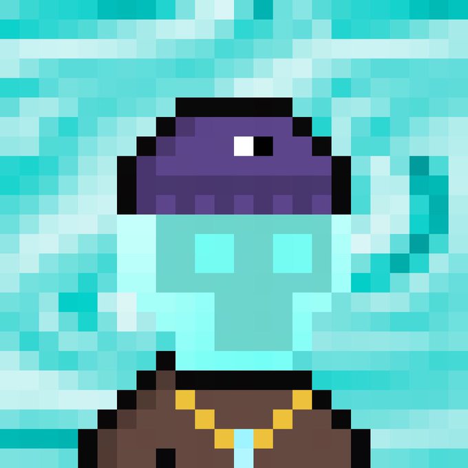 A pixel art scene featuring a small purple creature with a single white eye emerging from a cyan icy environment, with brown rocky terrain at the bottom.