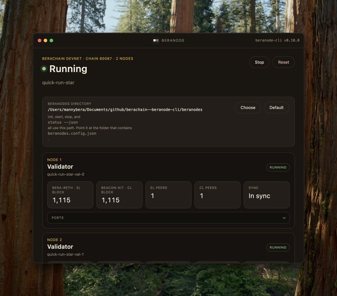 A computer application window titled "BERANODE" is open on a desktop background of a forest. The interface shows a "BERACHAIN DEVNET - CHAIN 80087 - 2 NODES" status as "Running", with two validator nodes and various sync metrics.